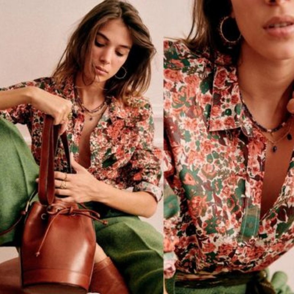 Sezane Floral Button-Down Shirt in Green and Coral